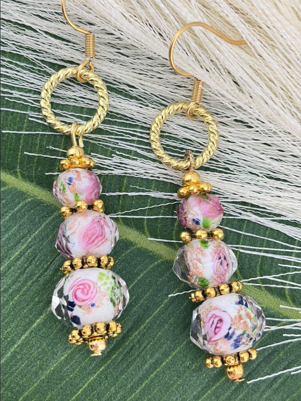 Rose Flower Facet Cut Glass Lampwork Bead Elegant Handcrafted Earrings LR233